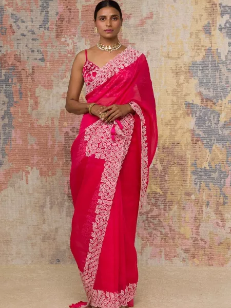 Pink Soft Organza Silk Saree With Designer Heavy Lucknowi and Cut Work