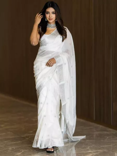 White Beautiful Art Silk Jacquard Border Saree for Women Wedding Wear Party