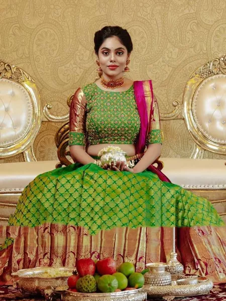 Green Kanjivaram Pattu Half Saree Lehenga With Embroidery Blouse and Dupatta