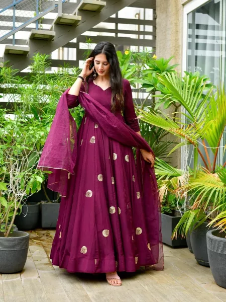 Wine Color Chinon Silk Gown With Embroidery and Sequence Work With Dupatta