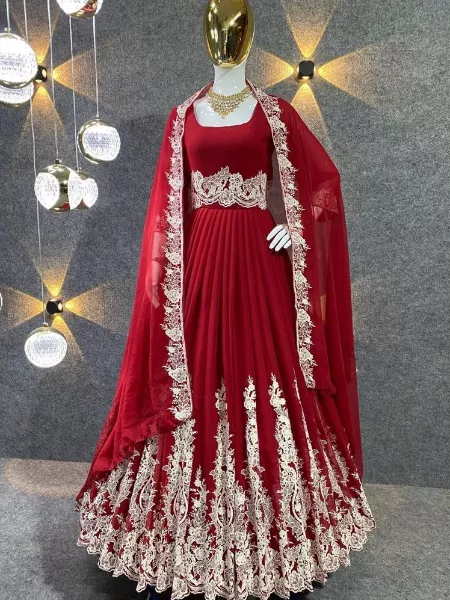 Maroon Color Designer Georgette Gown With Sequence Work and Dupatta Party Wear Gown