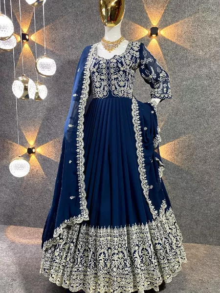 Blue Color Heavy Georgette Gown With Embroidery and Cut Work With Dupatta