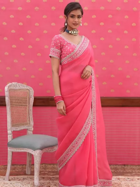 Pink Color Organza Saree With Sequence Embroidery Work Best Quality Organza Saree
