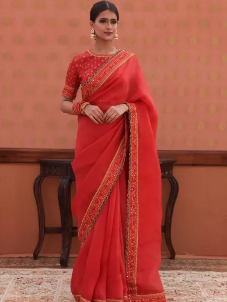 Red Color Organza Saree With Sequence Embroidery Work Best Quality Organza Saree