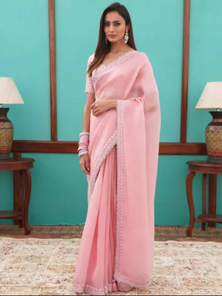 Light Pink Color Organza Saree With Sequence Embroidery Work Best Quality Organza Saree
