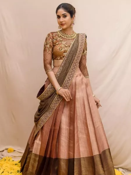 South Indian Half Saree Lehenga With Embroidery Blouse and Dupatta South Indian Clothing