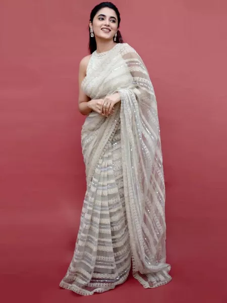 White Color Butterfly Soft Net Saree With Sequence and Thread Embroidery Work Bollywood Saree