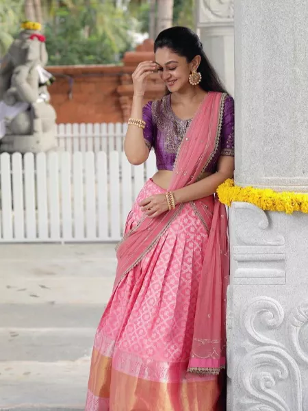 Bollywood South Actress Special Light Pink Silver and Golden Weaving Half Saree Lehenga