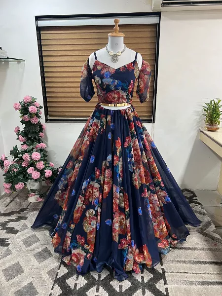 Blue Color Georgette Ready to Wear Lehenga Choli in Digital Floral Print