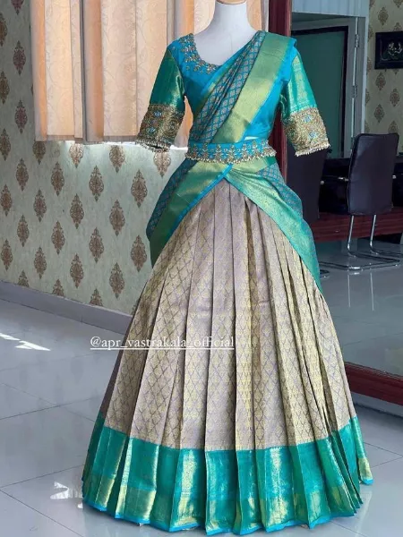 Designer Lehenga Choli in Kanjivaram Silk With Blouse and Dupatta South Indian Wedding Half Saree Lehenga