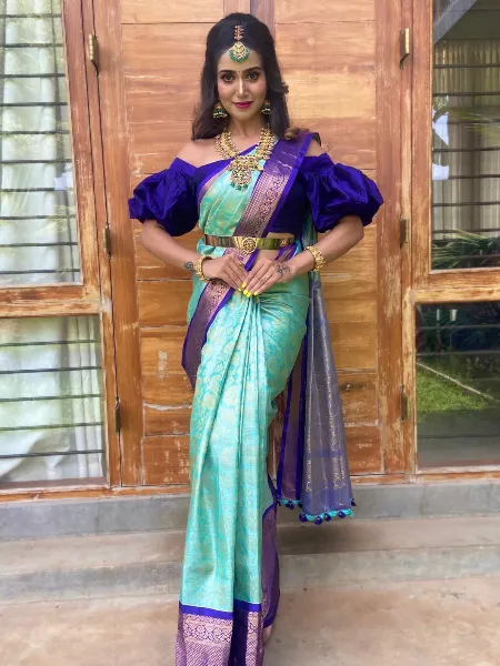 Pista Color Indian Sari for Wedding With Jacquard Work and Blouse Indian Bridesmaid Saree