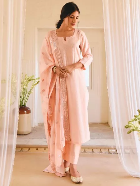 Diwali Festival Outfit Salwar Suit in Peach Color Georgette With Embroidery Work and Dupatta