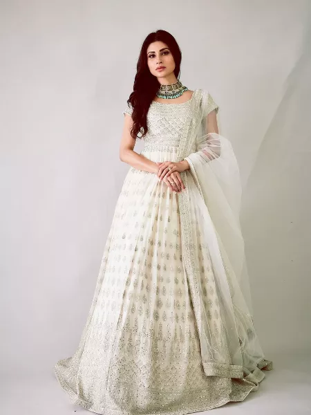 Mouni Roy Diwali Ceremony Gown in White Color With Heavy Embroidery and Dupatta