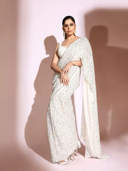 White Color Party Wear Sequence Work Saree With Designer Blouse Designer Indian Sari