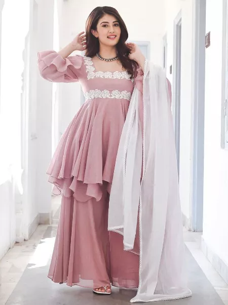 Light Pink Color Party Wear Top Palazzo Set With Dupatta and Embroidery