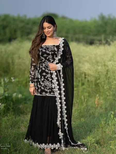 Designer Black Color Party Wear Top Palazzo Set With Dupatta and Embroidery