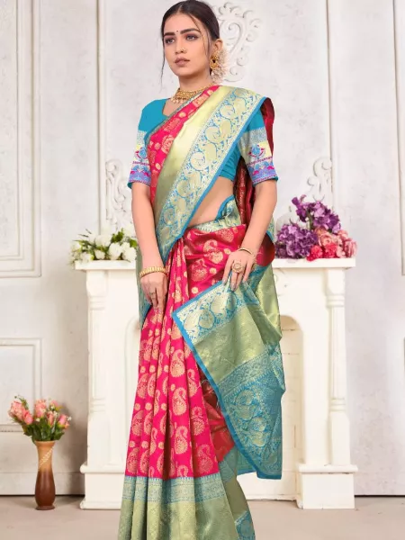 Soft Kanchivaram Saree in Pink With Rama Border and Golden Thread Work