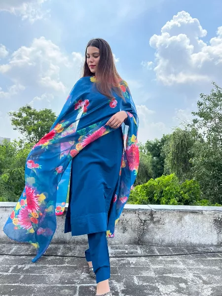 Beautiful Teal Blue Cotton Silk Suit Set With Lovely Floral Soft Organza Cotton Dupatta