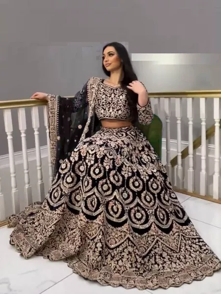 Black Color Velvet Bridal Lehenga Choli With Full Heavy Embroidery Work Indian Wedding Lehenga Choli