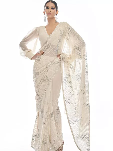 White Color Sequence Party Wear Saree With Multi Work and Blouse Indian Designer Sari