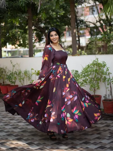 Wine Color Georgette Gown With Digital Print and Balloon Sleeves