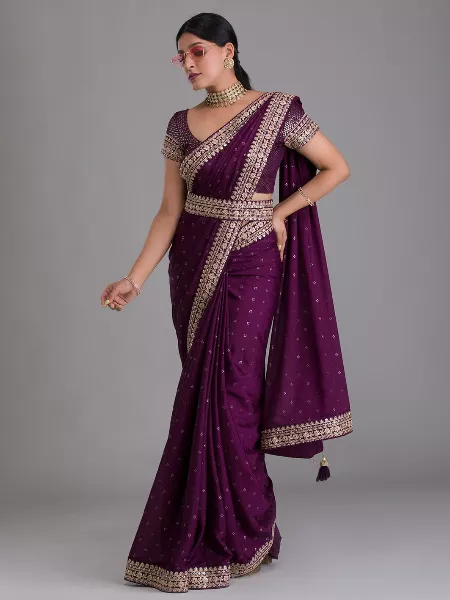 Wine Color Soft Zomato Silk Saree With Sequence Work and Designer Waist Belt