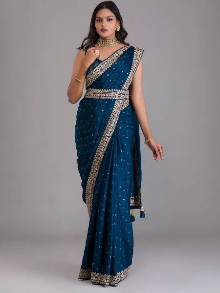Blue Color Soft Zomato Silk Saree With Sequence Work and Designer Waist Belt