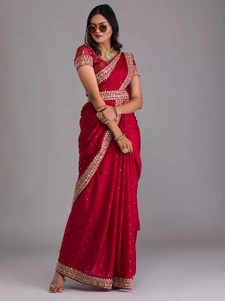 Red Color Soft Zomato Silk Saree With Sequence Work and Designer Waist Belt