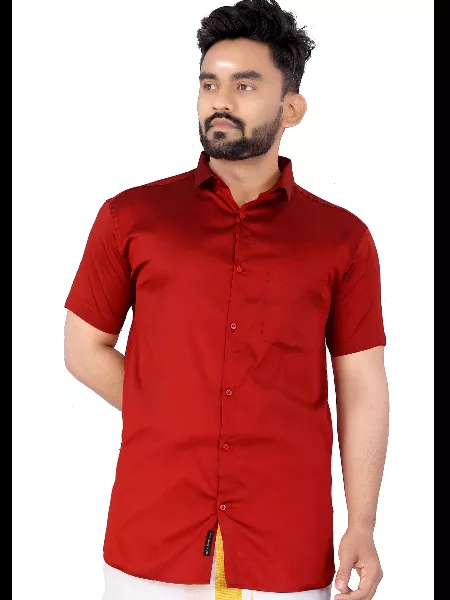 Red Color Formal Wear Taffeta Shirt for Men With Solid Pattern