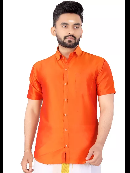 Orange Color Formal Wear Taffeta Shirt for Men With Solid Pattern