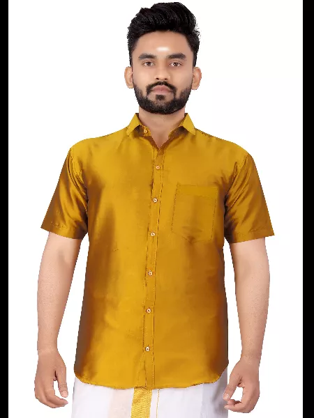 Mustard Color Formal Wear Taffeta Shirt for Men With Solid Pattern