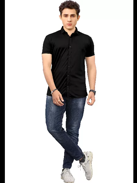 Black Color Men's Formal Shirt in Lycra With Solid Pattern and Spread Collar