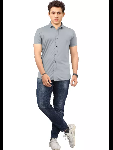 Grey Color Men's Formal Shirt in Lycra With Solid Pattern and Spread Collar