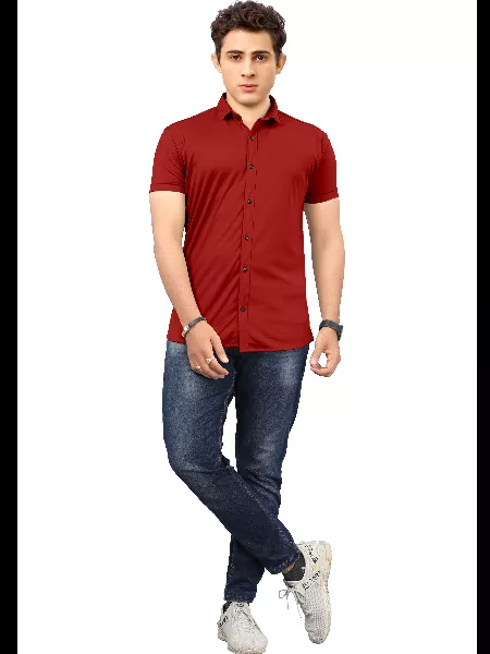 Maroon Color Men's Formal Shirt in Lycra With Solid Pattern and Spread Collar