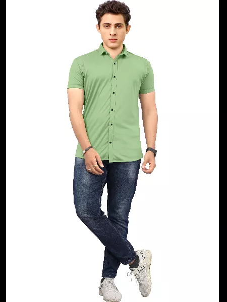 Light Green Color Men's Formal Shirt in Lycra With Solid Pattern and Spread Collar