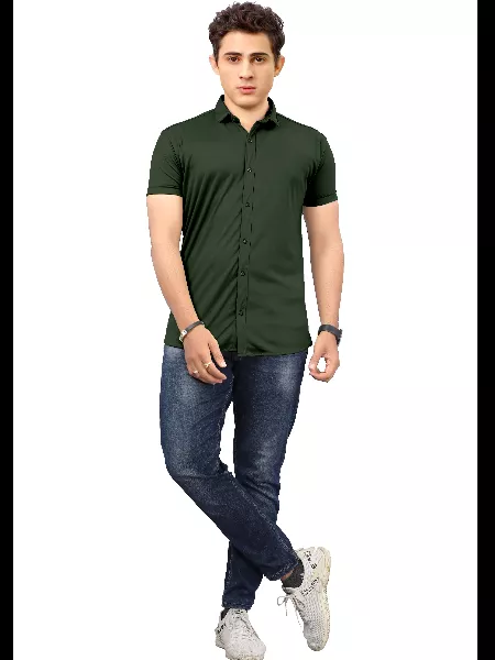 Green Color Men's Formal Shirt in Lycra With Solid Pattern and Spread Collar