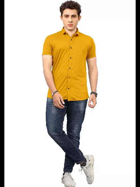 Yellow Color Men's Formal Shirt in Lycra With Solid Pattern and Spread Collar