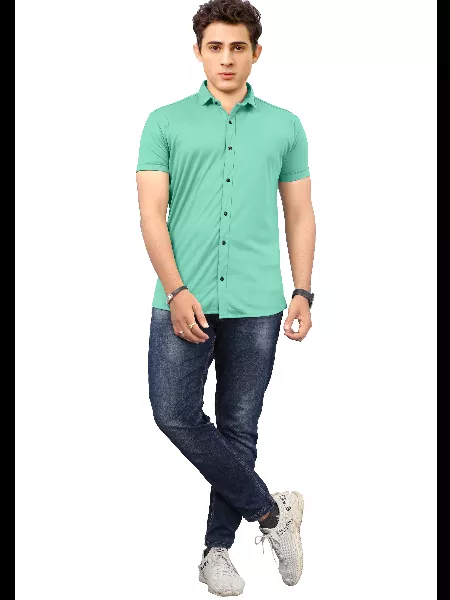Mint Green Color Men's Formal Shirt in Lycra With Solid Pattern and Spread Collar