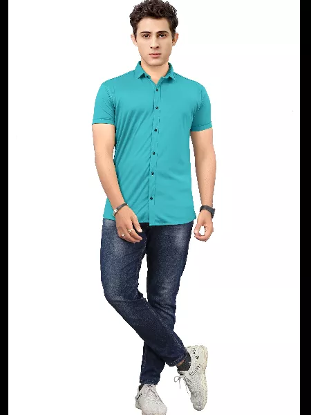 Aqua Blue Color Men's Formal Shirt in Lycra With Solid Pattern and Spread Collar