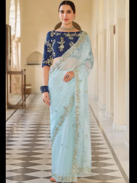 Sky Blue Soft Organza Silk Bollywood Style Saree With Sequence Work and Blouse