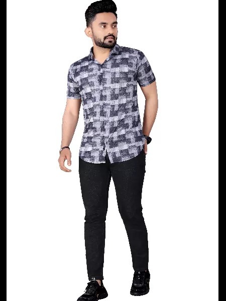 Grey Color Men's Printed Shirt in Lycra With Solid Pattern and Spread Collar