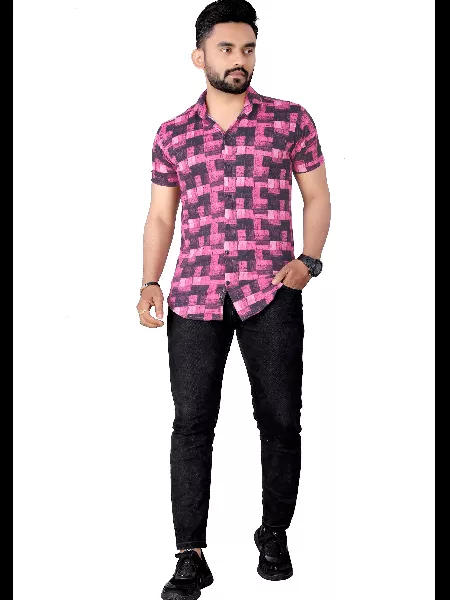 Pink Color Men's Printed Shirt in Lycra With Solid Pattern and Spread Collar