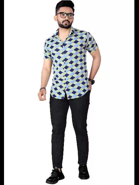 Sky Blue Color Men's Printed Shirt in Lycra With Solid Pattern and Spread Collar