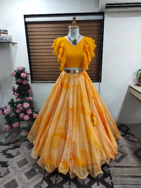 Haldi Lehenga Choli in Yellow Color Georgette With Digital Print and Readymade Blouse