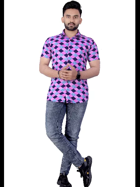 Lavender Color Men's Printed Shirt in Lycra With Solid Pattern and Spread Collar