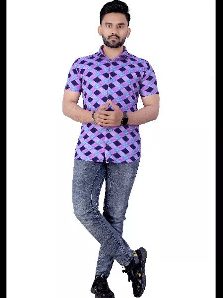 Purple Color Men's Printed Shirt in Lycra With Solid Pattern and Spread Collar