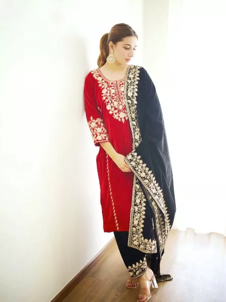 Red Color Designer Velvet Salwar Kameez With Velvet Dupatta Pakistani Dress
