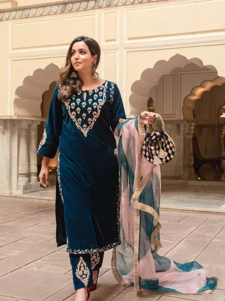 Rama Color Designer Velvet Salwar Kameez With Georgette Dupatta Pakistani Dress