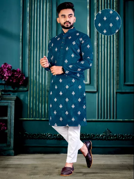 Traditional Kurta for Men in Rama Color Cotton Fabric With Lucknowi Work