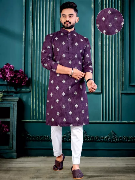 Traditional Kurta for Men in Wine Color Cotton Fabric With Lucknowi Work